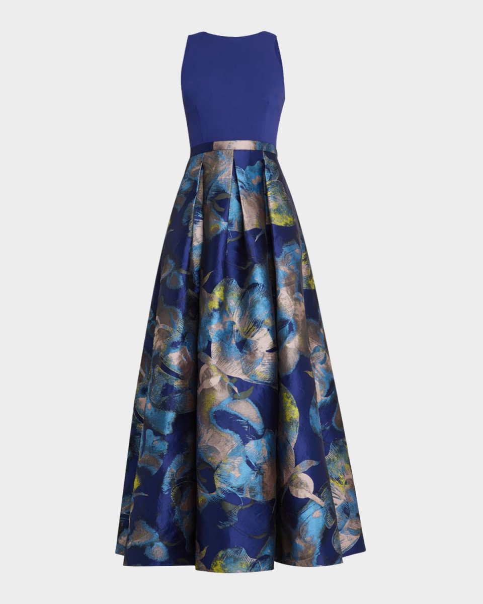 Pleated Metallic Floral Jacquard Gown